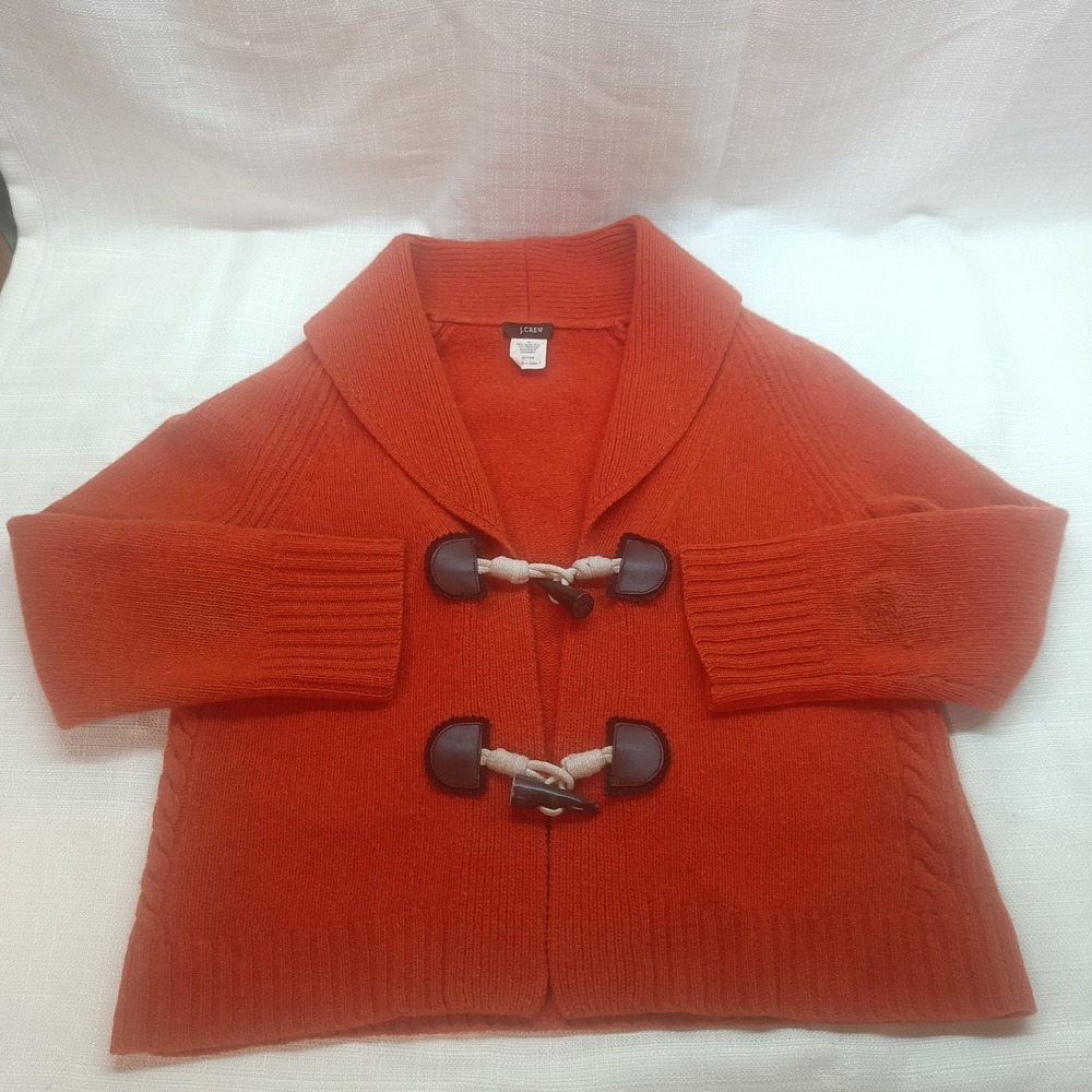 Vtg J. Crew Women's S Orange Lambs Wool Cashmere Toggle‎ Sweater Cardigan